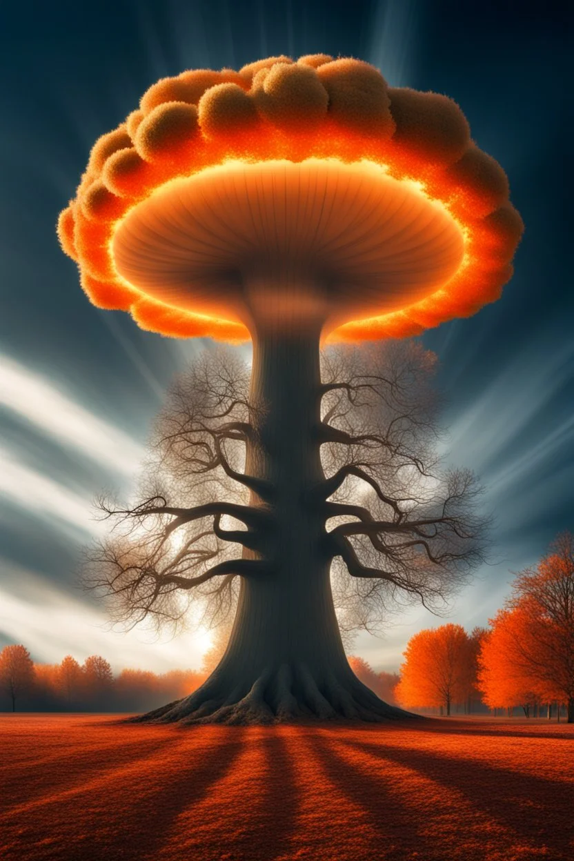 a tree in the fall that looks like a nuclear explosion's mushroom cloud, with energy lines radiating outward but behind, angelic fantastic lighting