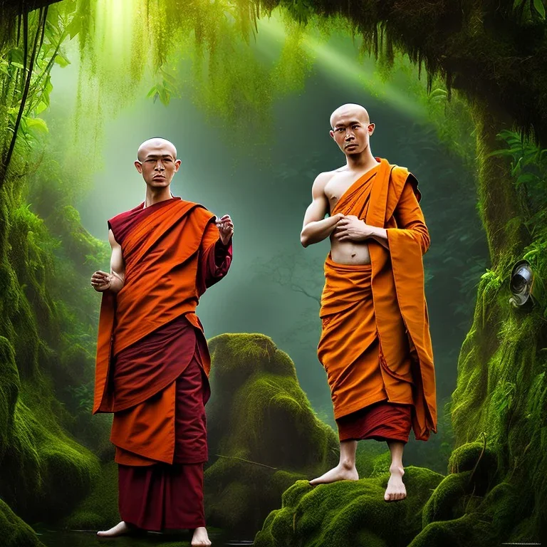 Buddhist monk in a jungle, hyper realistic, photography, rays, amazing lighting