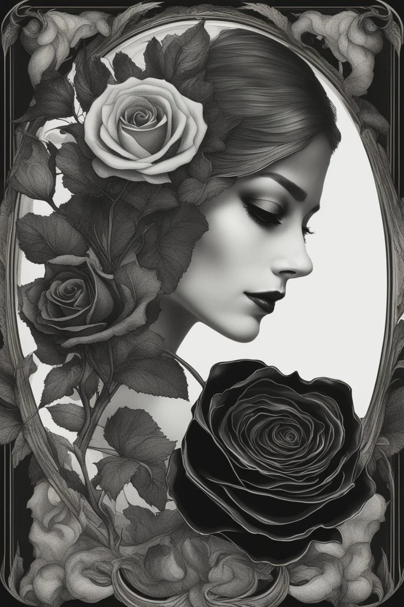 faig image of a beautiful woman's face inside of a black rose, Smoky, 8k quality, realistic, gothic, exceptional creation, fantastic