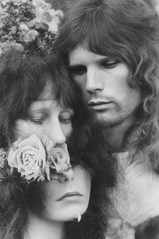 Jim Morrison and Pamela Courson ,music, ignoreNSFW, watermark, bohemian style , blurry,beautiful,elegant,roses, fantasy by anni dittman