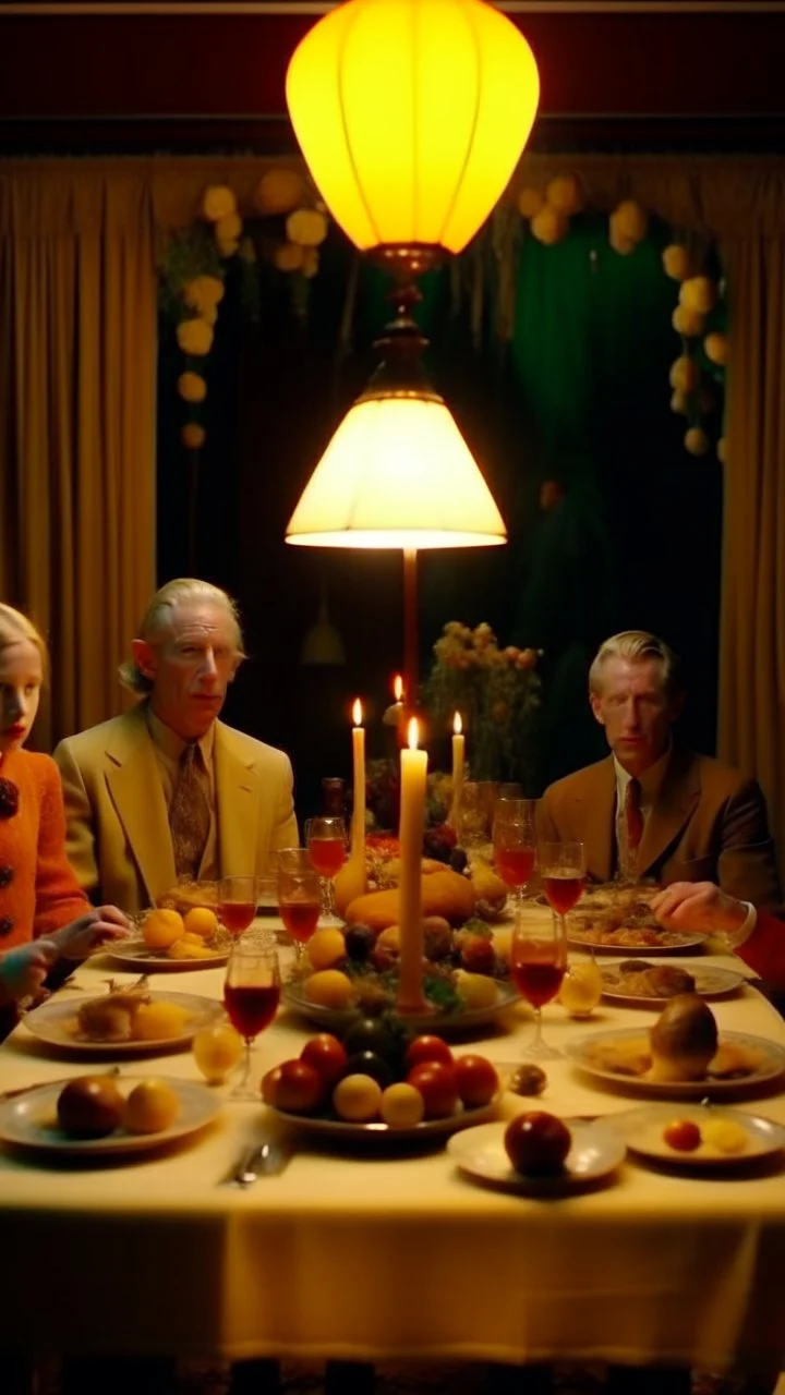 frame from a Wes Anderson film, full shot of the farm family at a sober celebration dinner in the Garden of Earthly Delights, small electric light bulbs on the table, birds on the table, grapes hanging, elegant and perfect composition