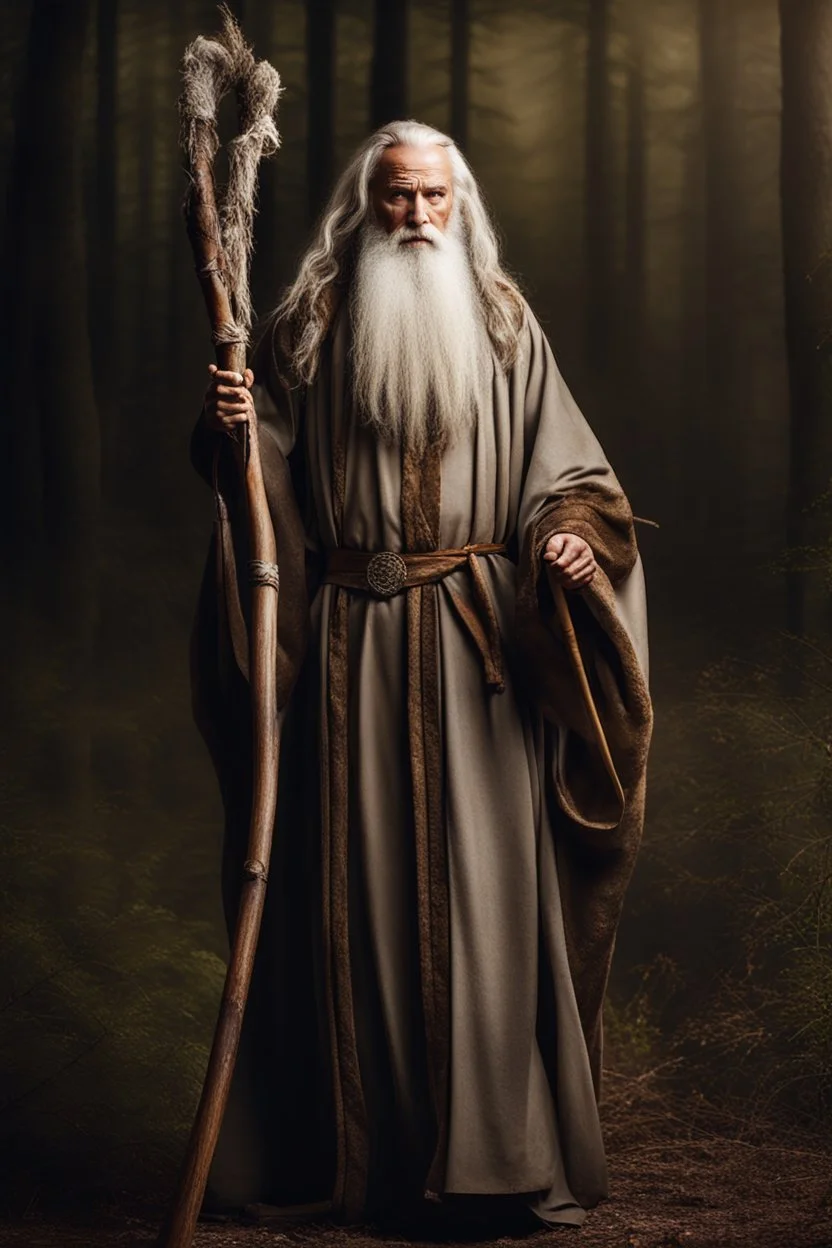 Elderly druid king with a grey beard dressed in long flowing robes carrying a long wooden staff Photo realistic