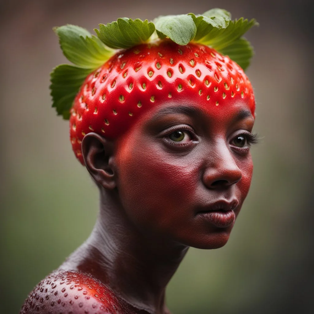 a zombified strawberry with pixie-cut hair