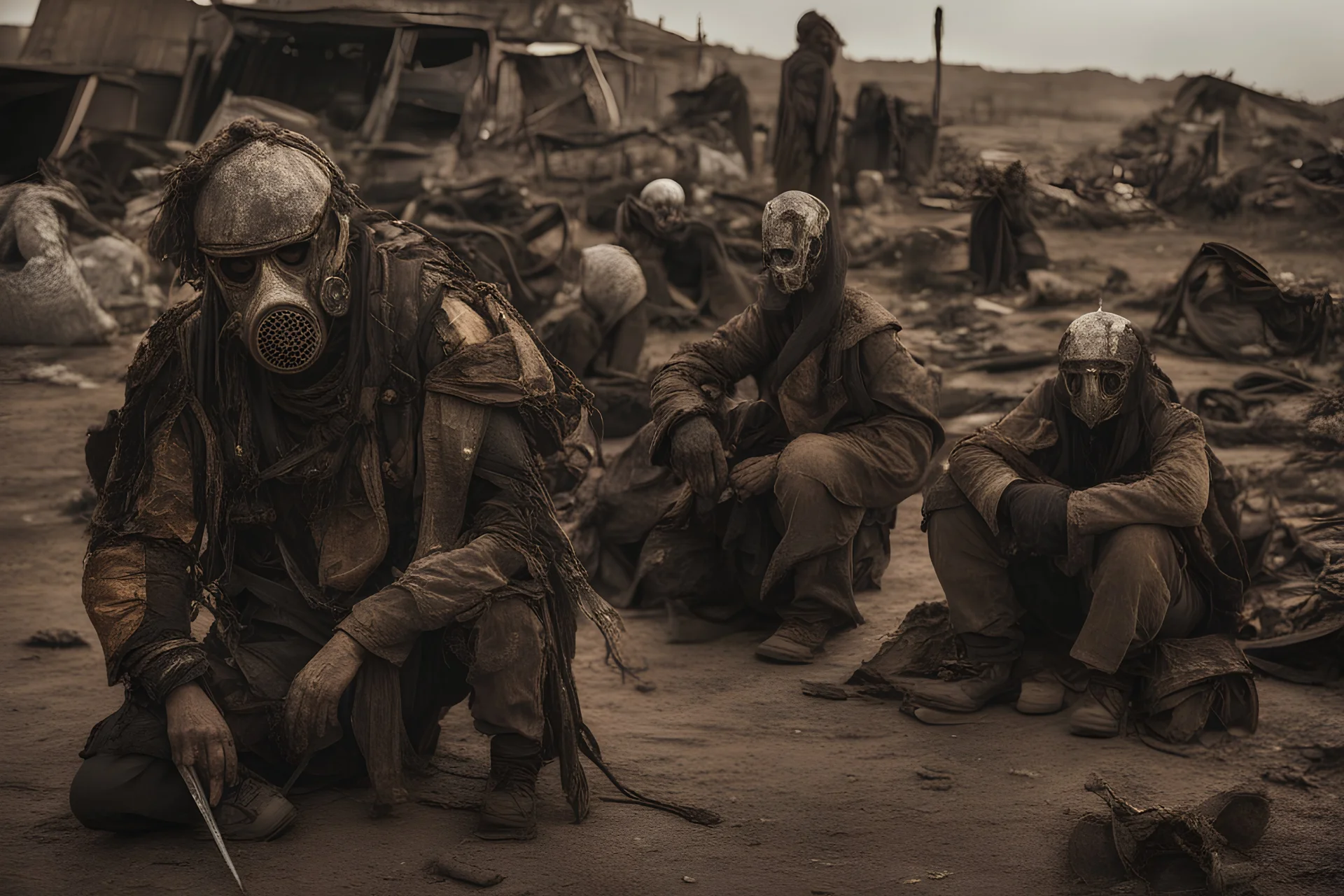 movie scene: in a post apocalyptic future: people search the remains of civilization for remnants of civilization, their clothes are made of garbage and are improvised. they wear improvised ((very detailed)) masks for protection. The costumes are very detailed and made of garbage, metal parts, scrap metal, belts, bags, car parts, spikes, They are armed and look very dangerous. all is broken, extremely used, burnt, dangerous and rusty. The mood is very gloomy, dystopian and depressive.