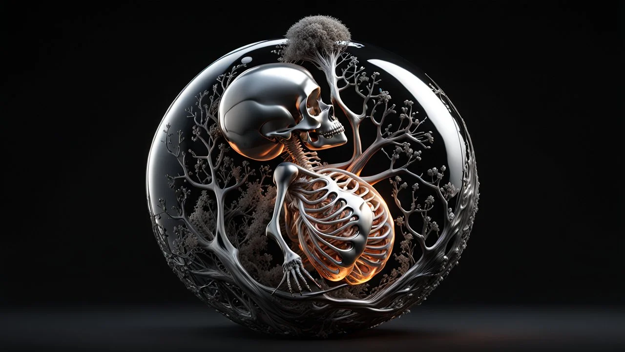 3D rendering of Expressively detailed and intricate of a hyperrealistic “fetus”: glossy black, side view, full body, single object, black background, shamanism, octane render, 8k post-production, detailled metalic bones, dendritic, artstation: award-winning: professional portrait: atmospheric: commanding: fantastical: clarity: 16k: ultra quality: striking: brilliance: stunning colors: amazing depth