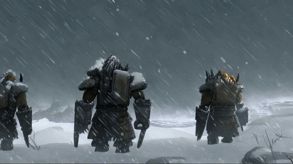 3 Warriors in blizzard, from behind, comic style