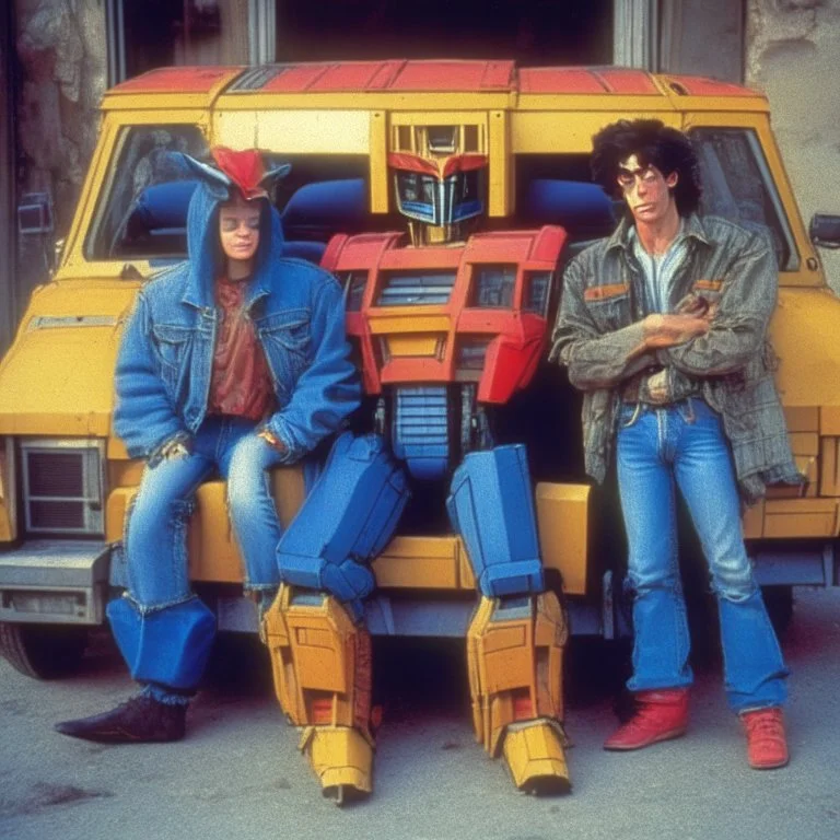 Optimus prime, bumblebee and ratchet inside car in 1990, jeans and jackets sitcom style tv show.