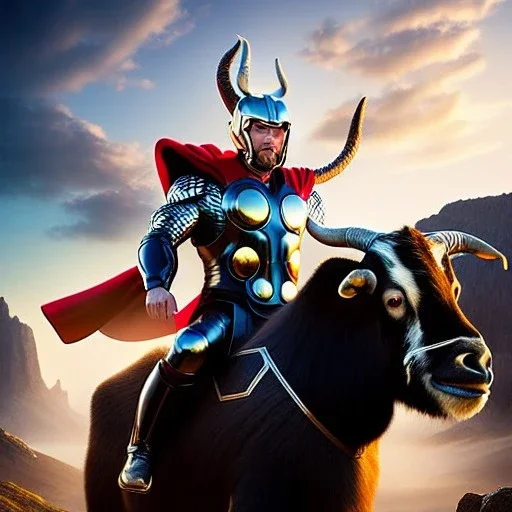 Ultra detailed fullbody Portrait in oil on canvas of Thor armor,helmet,riding a giant goat,extremely detailed digital painting, extremely detailed face, crystal clear eyes, mystical colors ,perfectly centered image, perfect composition, rim light, beautiful lighting,masterpiece ,8k, stunning scene, raytracing, anatomically correct, in the style of Seung Eun Kim and Steve Jung and Simon Bisley and uncannyknack.