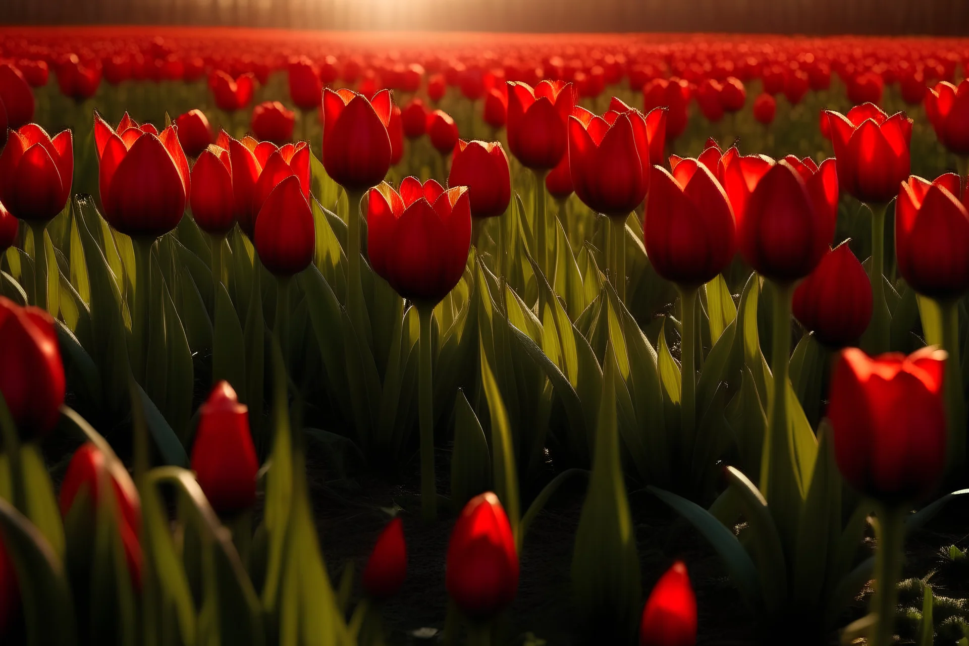 Prompt A big field of tulips with a few branches of a small red tulip close to me and the sunlight