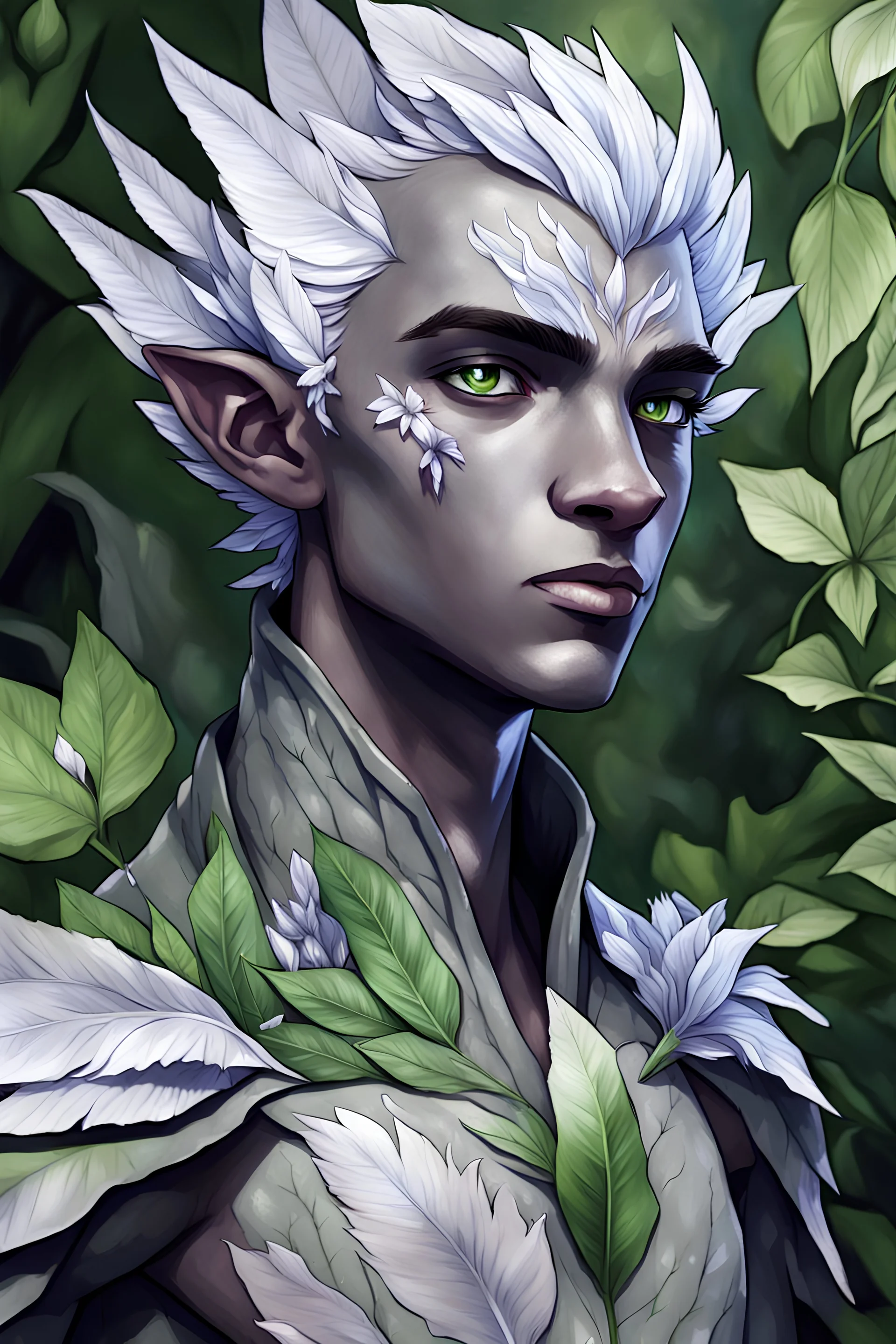 male, teen, dnd changeling, grey skin, white iris, nature, leaves, realistic