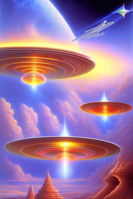 Very beautiful ufo rainbow futurist, intergalactic, mother ship, ashtar command, interdimensionnal