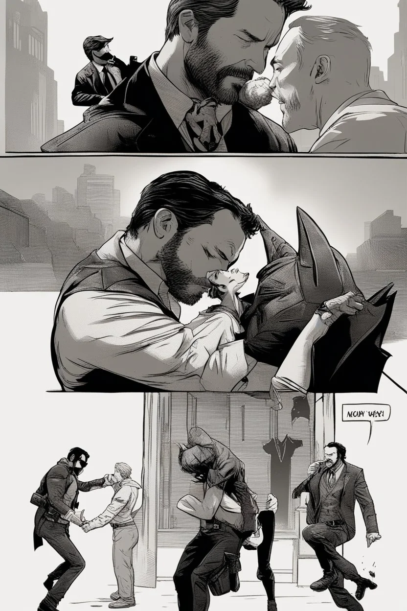 Arthur Morgan kissing Batman while Ben affleck jumps onto John Wick.