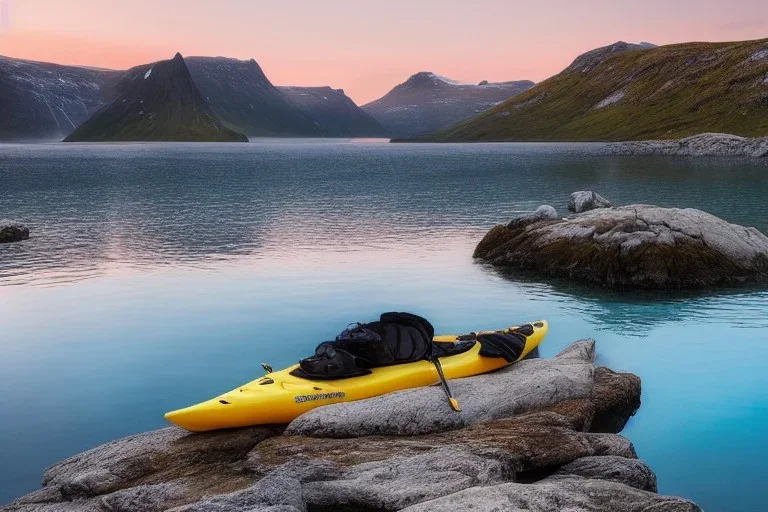 highly detailed glacial lake landscape, sunset, cinematic lighting, 4k, 8k, octane render, popular on 500px, pinterest, extremely detailed, ambient lighting, single frame, small fiberglass yellow solo symmetrical sea kayak on rock pebble beach in foreground, norway, iceland, fjord