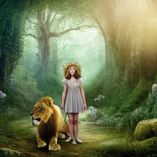 Chronicles of Narnia, young girl and majestic lion on wooded forest path, girl with flower crown on head, 8k resolution, high-quality, fine-detail, intricate, digital art, detailed matte, volumetric lighting, illustration, 3D octane render, brian froud, howard lyon, selina french, anna dittmann, annie stokes, lisa parker, greg rutowski,