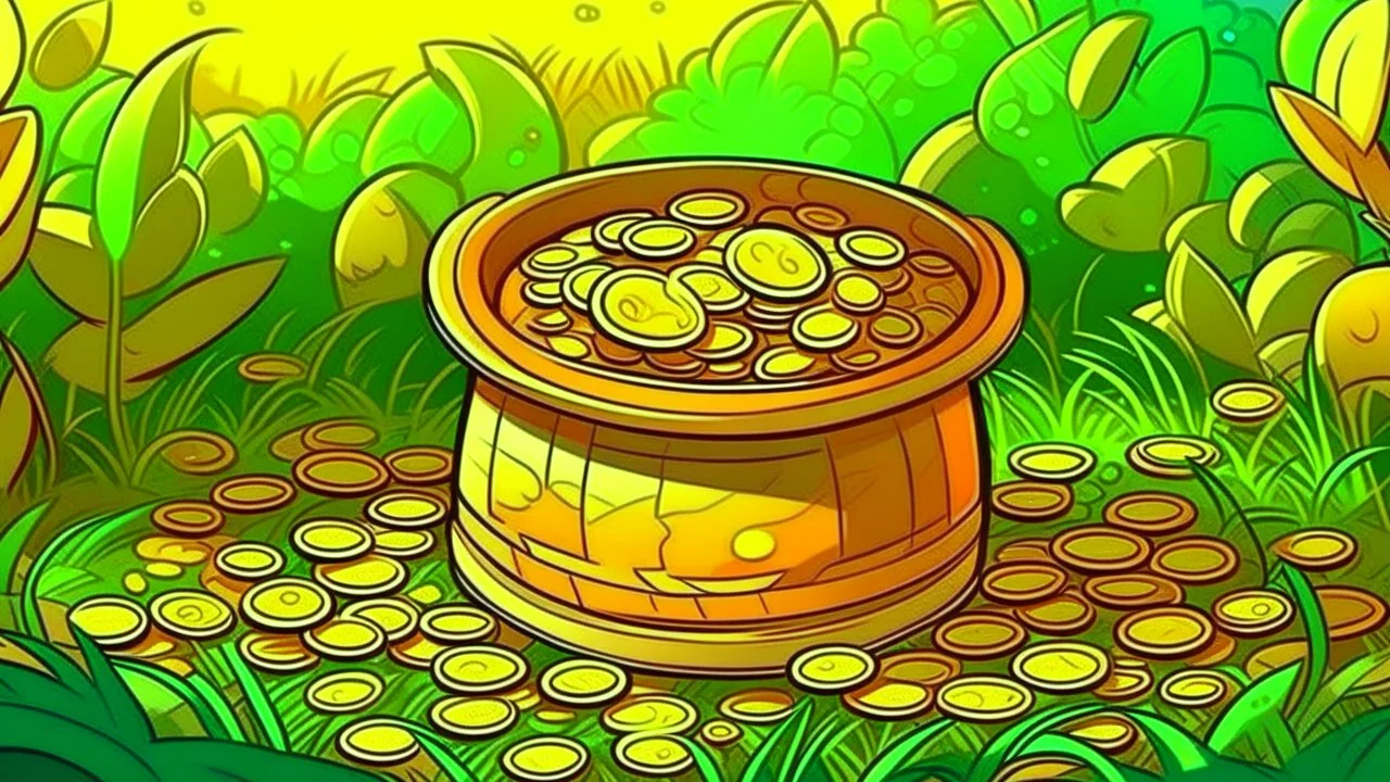 fantasy cartoon illustration: pot of golden coins in the grass