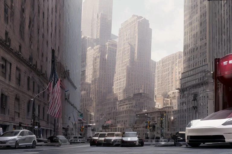 A Tesla 'Semi' (semi truck) is parked, on 'Wall Street', in New York. (CINEMATIC, WIDE ANGLE LENS, PHOTO REAL)