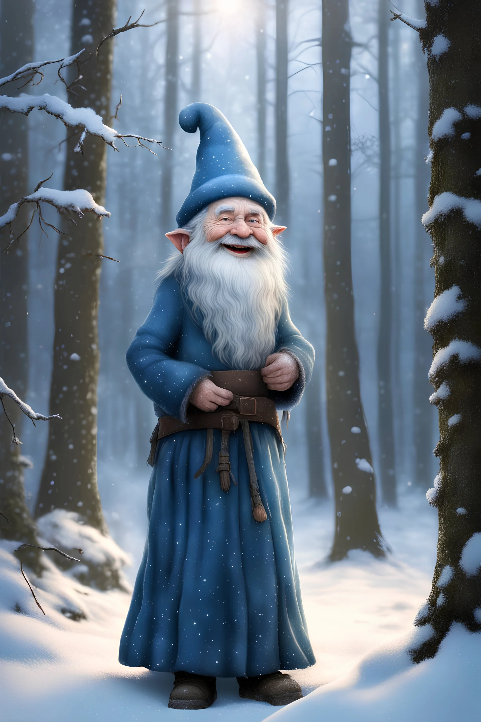 a cute old gnome standind in the winter snowing, forest ,smailing expression, heat blue, dress with long skirt, , he holding onelight lanthern, Rien Poortvliet style