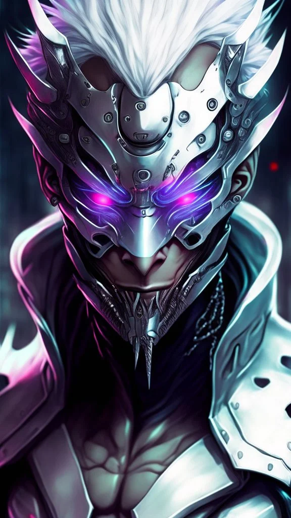 silver skinned anime Dragman cyberpunk with dragon mask in his eyes