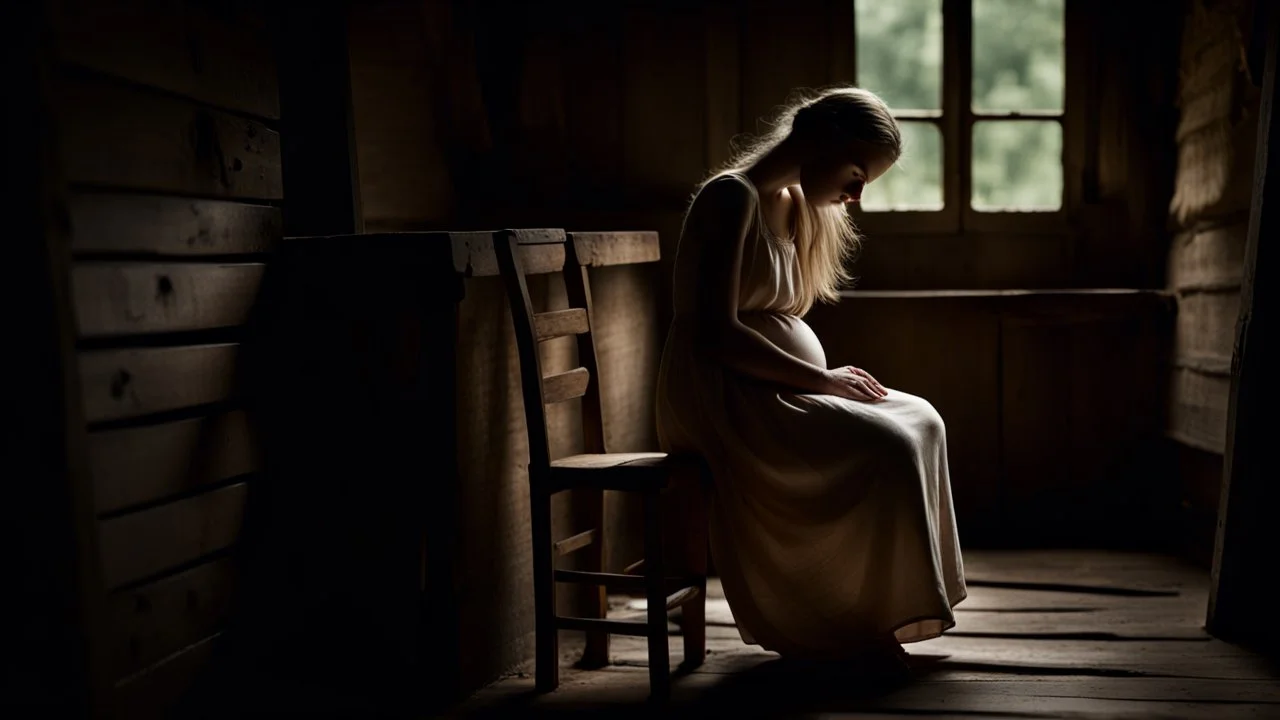 back to camera a young dark blonde pregnant girl leans on the back of an old wooden chair in linen dress, half standing, painful, sad, dark mood, small, old poor country room in a hut, little light, one little windows, dark shadows, detalied, sharp focus, high realistic, perfect photo