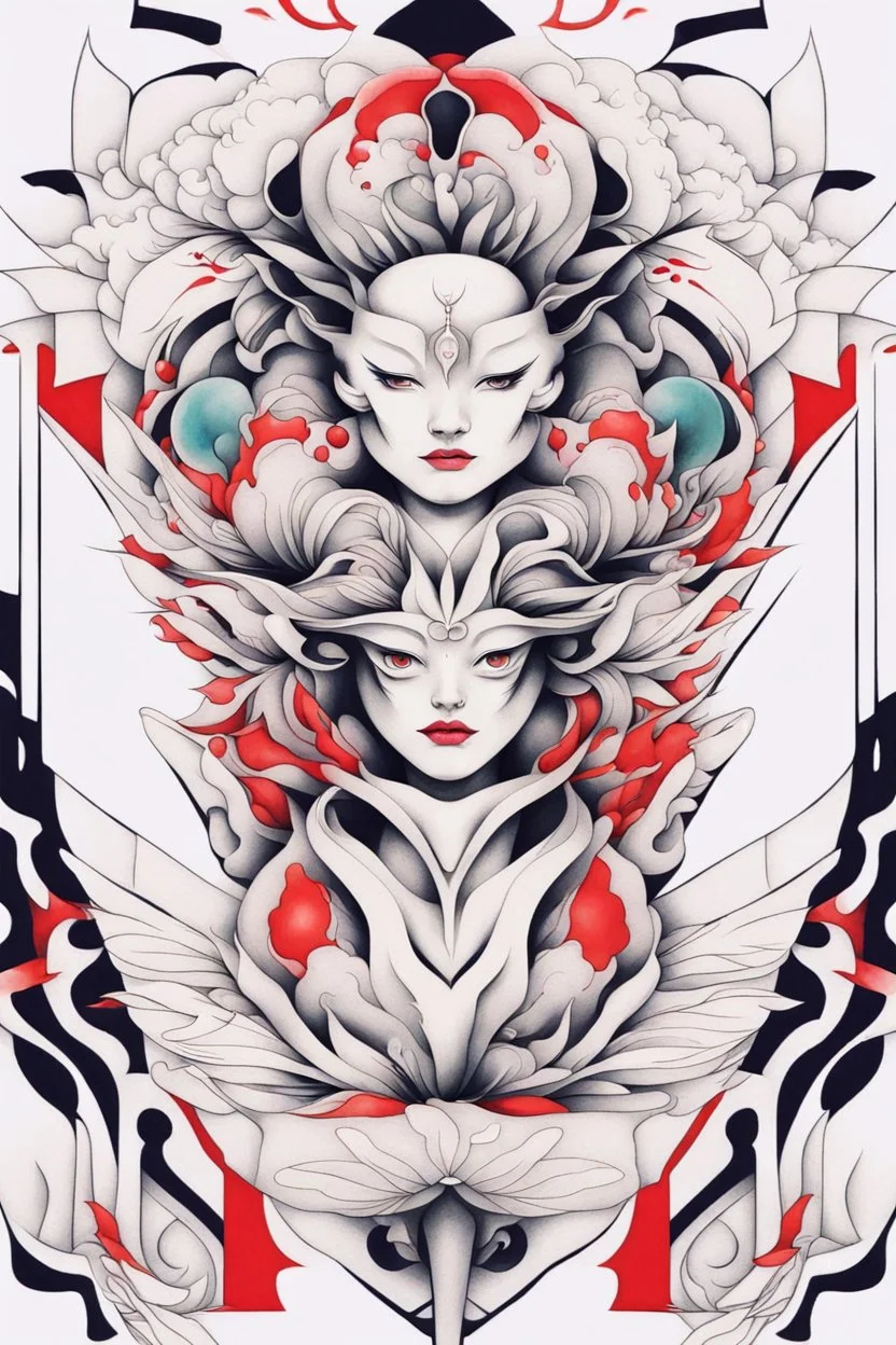 Create a captivating modern 2d colorfull ink tattoo design for print , using the elegant influences of japan art style, for print, dynamic elements from fashion and design, and bold Japanese contemporary art aesthetics, framing centered in the center, distanced from the edges of the paper perimeter, perfect anatomy, bauhaus, Divine Proportion,