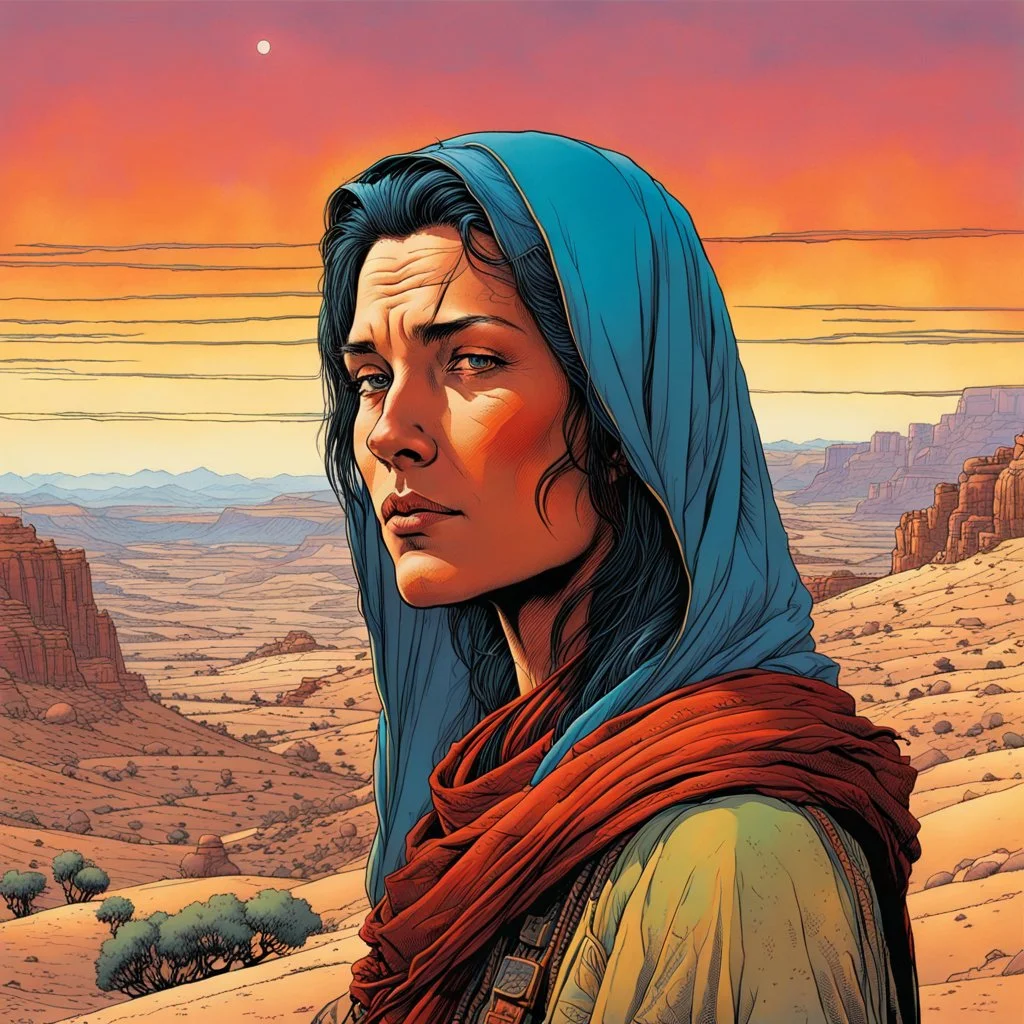 create an portrait of a nomadic shepherdess with highly detailed, delicate feminine facial features, inhabiting an ethereal desert canyon land in the comic book style of Jean Giraud Moebius, David Hoskins, and Enki Bilal, precisely drawn, boldly inked, with vibrant colors