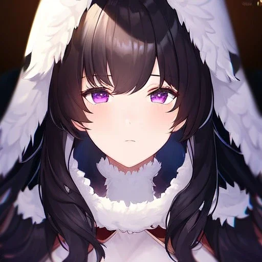 Clear focus,High resolution,8k, Beatiful Lighting, black short fluffy hair, long fluffy bangs, purple eyes, wearing a goddess outfit, extreme close up