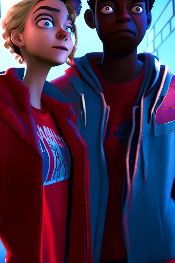 a brother and sister with their spiderman suits on with spider man into the spiderverse style