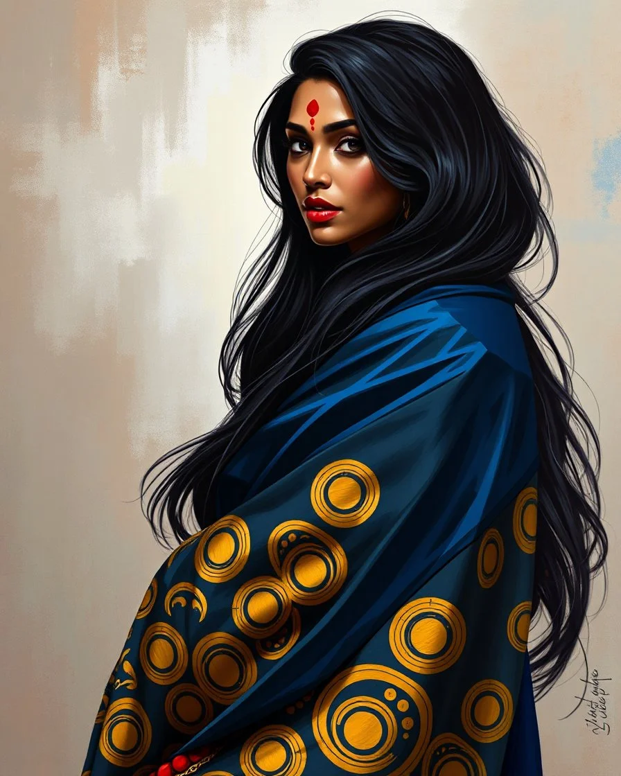 painting in a highly stylized, cinematic art style depicts a beautiful woman with long, flowing dark hair and dark eyes, adorned with a red bindi on her forehead and red lipstick. She is wearing an elaborate robe composed of dark blue, blue, gray, and gold fabric with a pattern of gold circles and abstract shapes, including some red and orange elements. The woman is positioned with her right shoulder partially exposed, revealing a glimpse of her dark skin. Her dark hair cascades dramatically aro