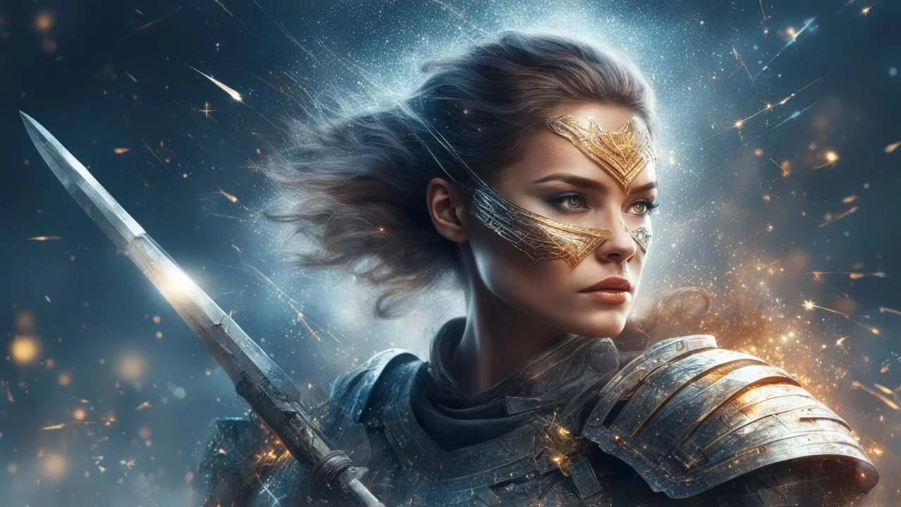 Woman warrior, weapons, digital painting, double exposure, highlights, sparkles, clear lines, detail, fine rendering, high resolution, 4K, photorealism, precise focus,