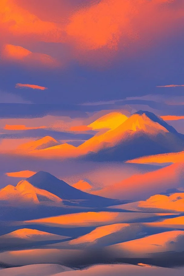 basic paint of big rock mountains with and orange dawn sky with no clouds close montains