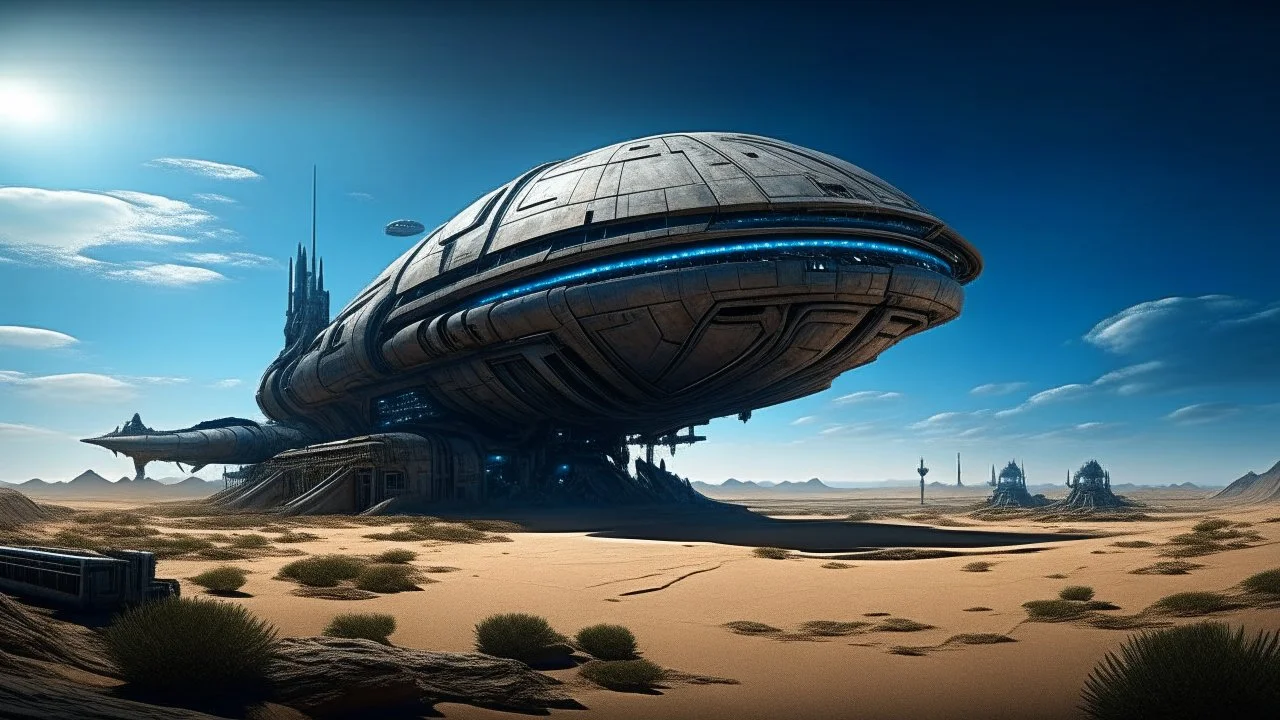 sleek cargo spaceship, built like a teardrop, landing in a wide empty ruined alien street, blue sky