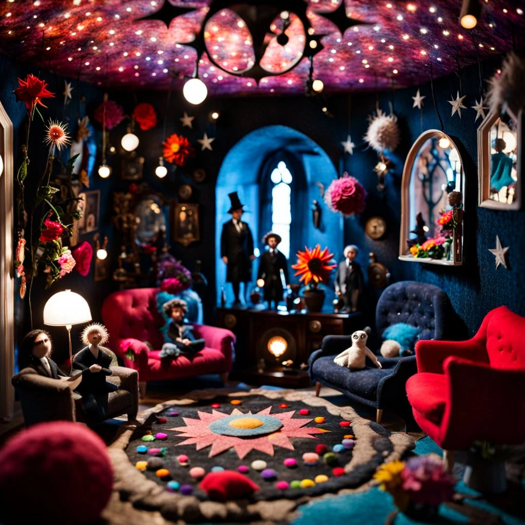 Detailed people, creepy living-room made of felt, naïve, vintage toys, sun, splops, puppets, volumetric light, flowers, naïve, Tim Burton, strong texture, orero dream, extreme detail, Max Ernst, decal, rich moody colors, sparkles, Harry Potter, bokeh, odd