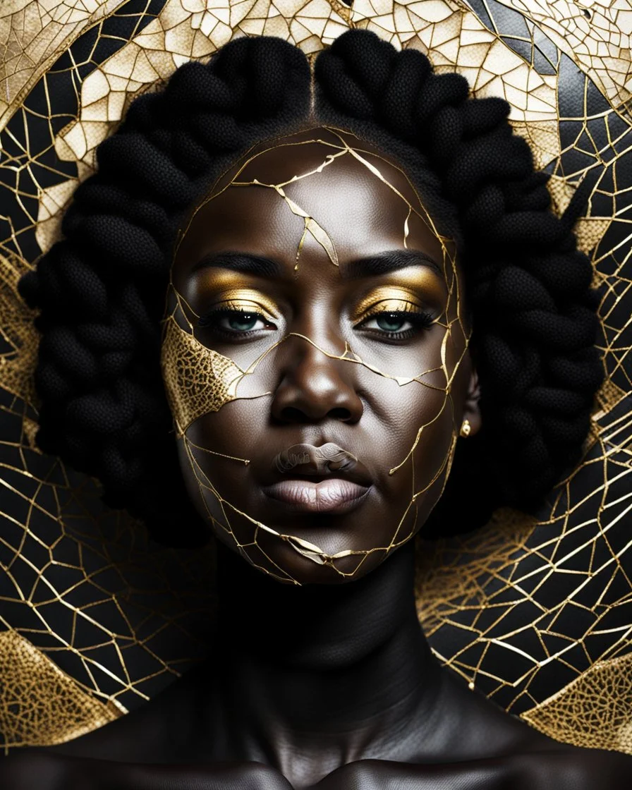 a beautiful black woman face made of kintsugi seam