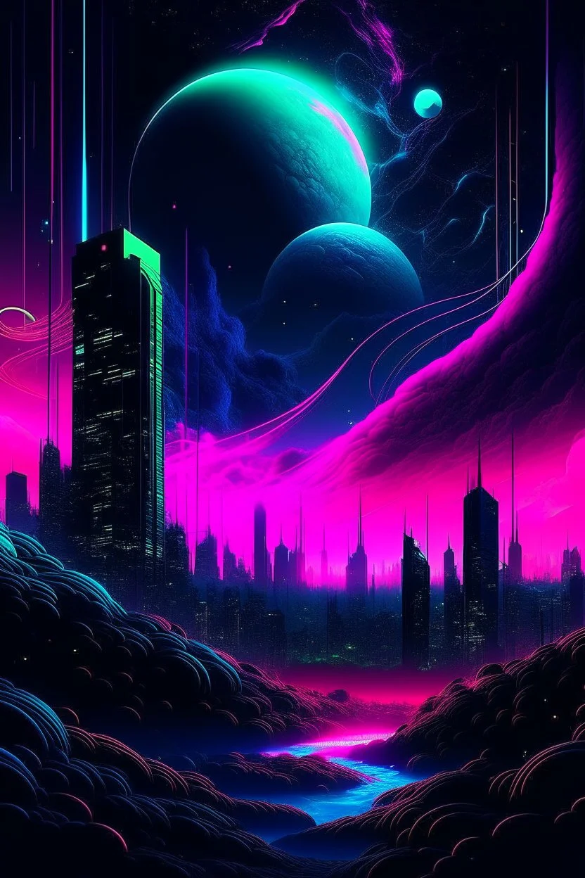 A surreal synthwave landscape featuring a towering cosmic entity with tentacles reaching towards a neon-lit city, under a sky filled with glitching stars, a distorted moon, and dark, swirling cosmic anomalies.