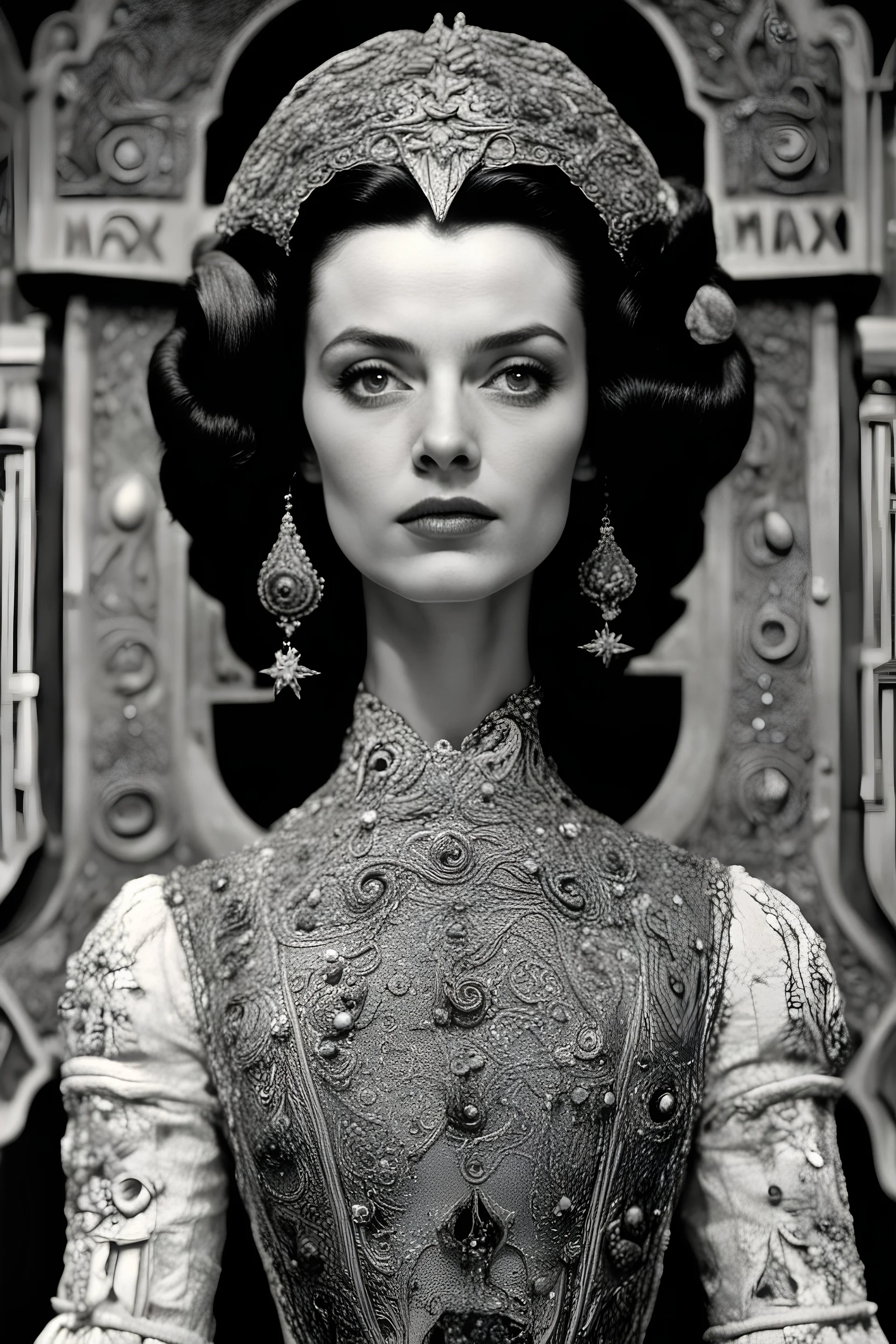 Austrian simbolism, Vivien Leigh Princess wears a Star wars Surrealist Armenian embroidered avant-gard fashion, ornamental details,caravaggism, in Stanley Kubrick space oepra movie style by Max ernst