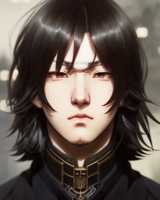 Detailed sad male anime boy with long brown hair, intricate details, full body portrait, keep head in frame, slight, black Japanese motif, concept art, highly detailed, digital painting, concept art, sharp focus, illustration, art by Yoji Shinkawa, WLOP and greg rutkowski and alphonse mucha and artgerm and yanjun Chen and Junji ito and Makoto Shinkai, HDR, octane render