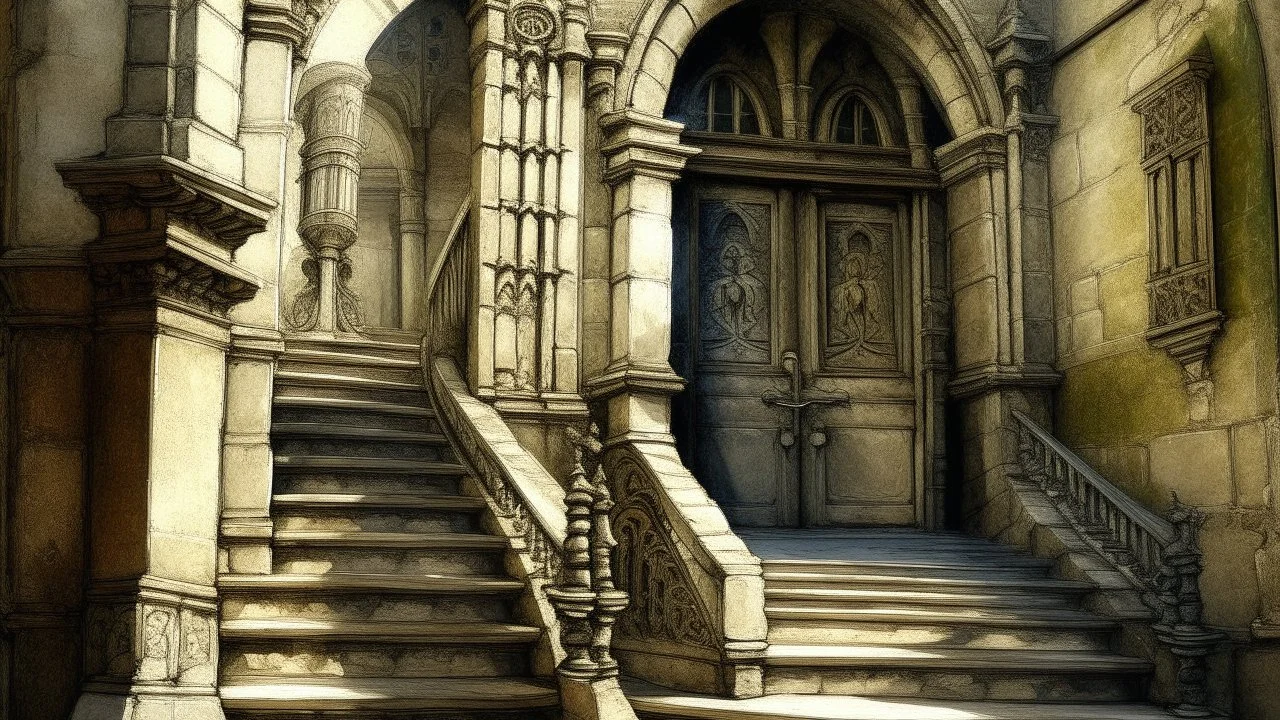 A weathered, medieval-style building showcases an ancient stone staircase ascending towards a grand arched doorway. The doorway is adorned with intricate carvings and a small, stained-glass window that filters a soft, ethereal light. The scene is filled with architectural details, such as worn-out stone pillars and weathered walls, creating an atmosphere of historical grandeur and mystery. The overall composition evokes a sense of time-worn charm and intrigue.