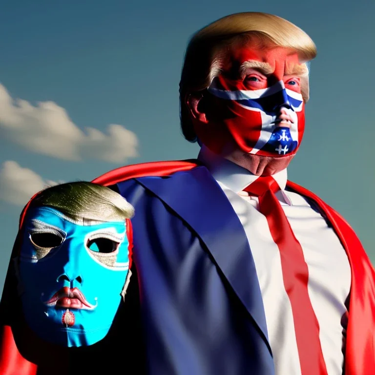 realistic image of donald trump as a mexican wrestling fighter posing outdoors, Mexican eyes wrestling mask, red and blue breeches, confederate flag cape, retro style, 80s, vibrant color, highly detailed, sky background, concept art, unreal engine 5, god rays, ray tracing, RTX, lumen lighting, ultra detail, volumetric lighting, 3d, finely drawn, high definition, high resolution.