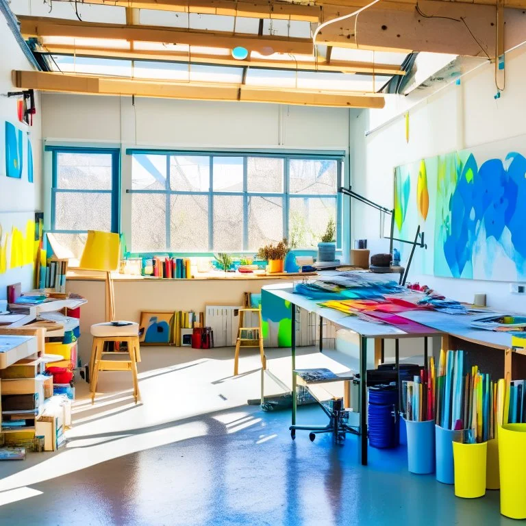 Create an image of an open art studio bathed in natural light, with colorful artwork adorning the walls and workstations. Include recycling bins, energy-efficient lighting, and sustainable art supplies, highlighting the commitment to sustainability and environmental consciousness.