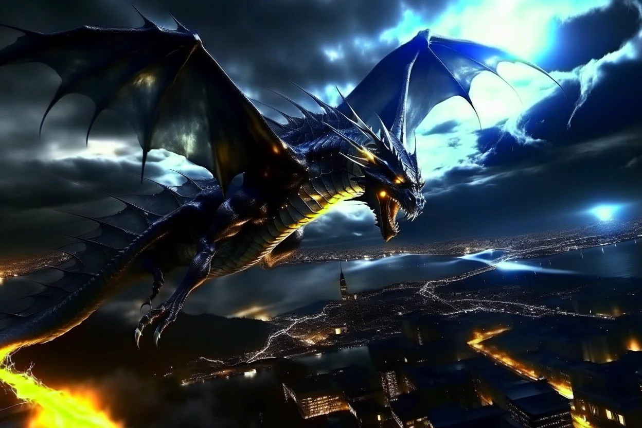 black dragon flying across the city at night dark fantasy lightening