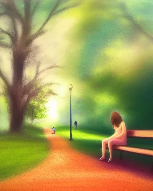 park mystical dream, park bench, man, woman, child, dog, trees, path, bird, sunshine, mystical, fantasy, romanticism, pastel colors, daylight, daytime, acrylic painting, detailed, soft focus,