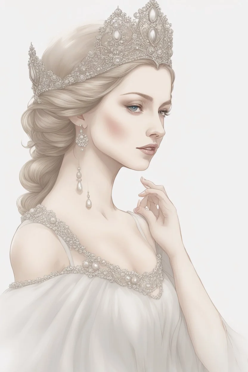 The enchanting queen, radiating grace and elegance. She would wear a flowing gown made of silk and adorned with delicate lace and pearls. Her crown would be a delicate tiara, embellished with sparkling gems.