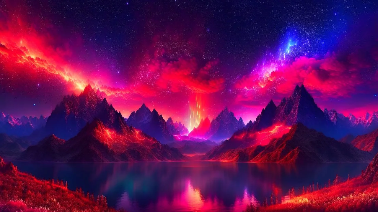 mountains, where you can see the fire and smell the smoke, galaxy, space, ethereal space, cosmos, water, panorama. Palace , Background: An otherworldly planet, bathed in the cold glow of distant stars. gloomy landscape with l dramatic hd highlights detailled