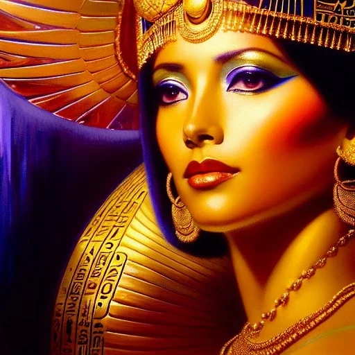 Drawing of beautiful face,busty 'cleopatra',throne,hieroglyphics,balanciaga fashion clothe painting by gaston bussiere, greg rutkowski, yoji shinkawa, yoshitaka amano, tsutomu nihei, donato giancola, tim hildebrandt, oil on canvas, cinematic composition, extreme detail,fit full head inside picture,16k