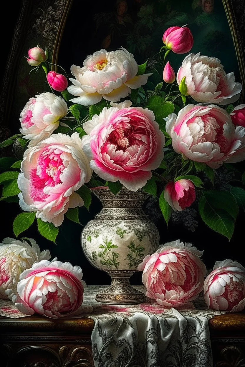 a magnificent, huge bouquet of white and bright pink peony-shaped roses on the table, a beautiful tablecloth, candles, a white vase, hyperphotorealism, mega-volume watercolor,impressionism,ultra-detail,filigree, cinematic, symmetry,many details,dark botanical, beautiful illumination from the inside, soft play of shadows and light, lumen,octane, aesthetically pleasing,beautiful, dim lighting,5d,64k,600dpi,30mm lens,1/250s, f/2.8,ISO5000