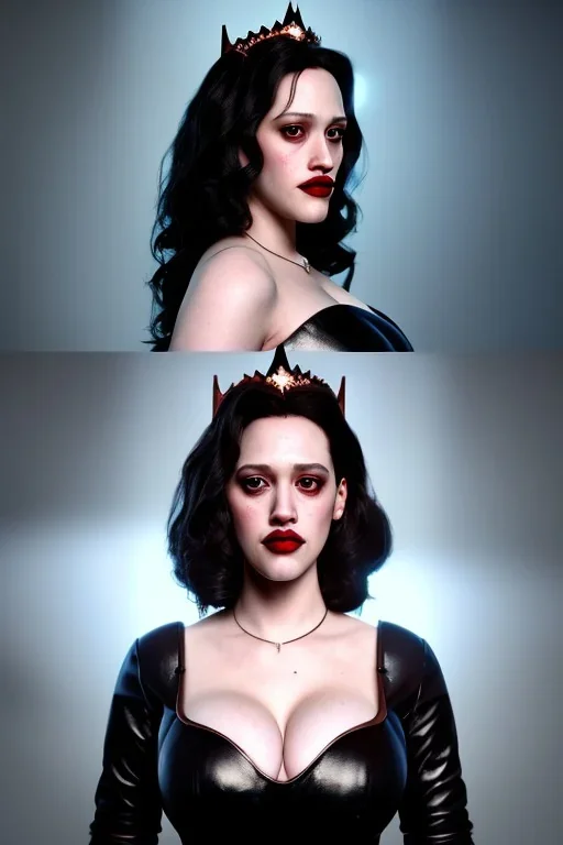 Kat Dennings as evil queen in black leather gown, cleavage, angry, stern look, unreal 5, octane render,cinema4d, dynamic lighting, dramatic lighting, 4k, redshift render, highly detailed, hyper realistic