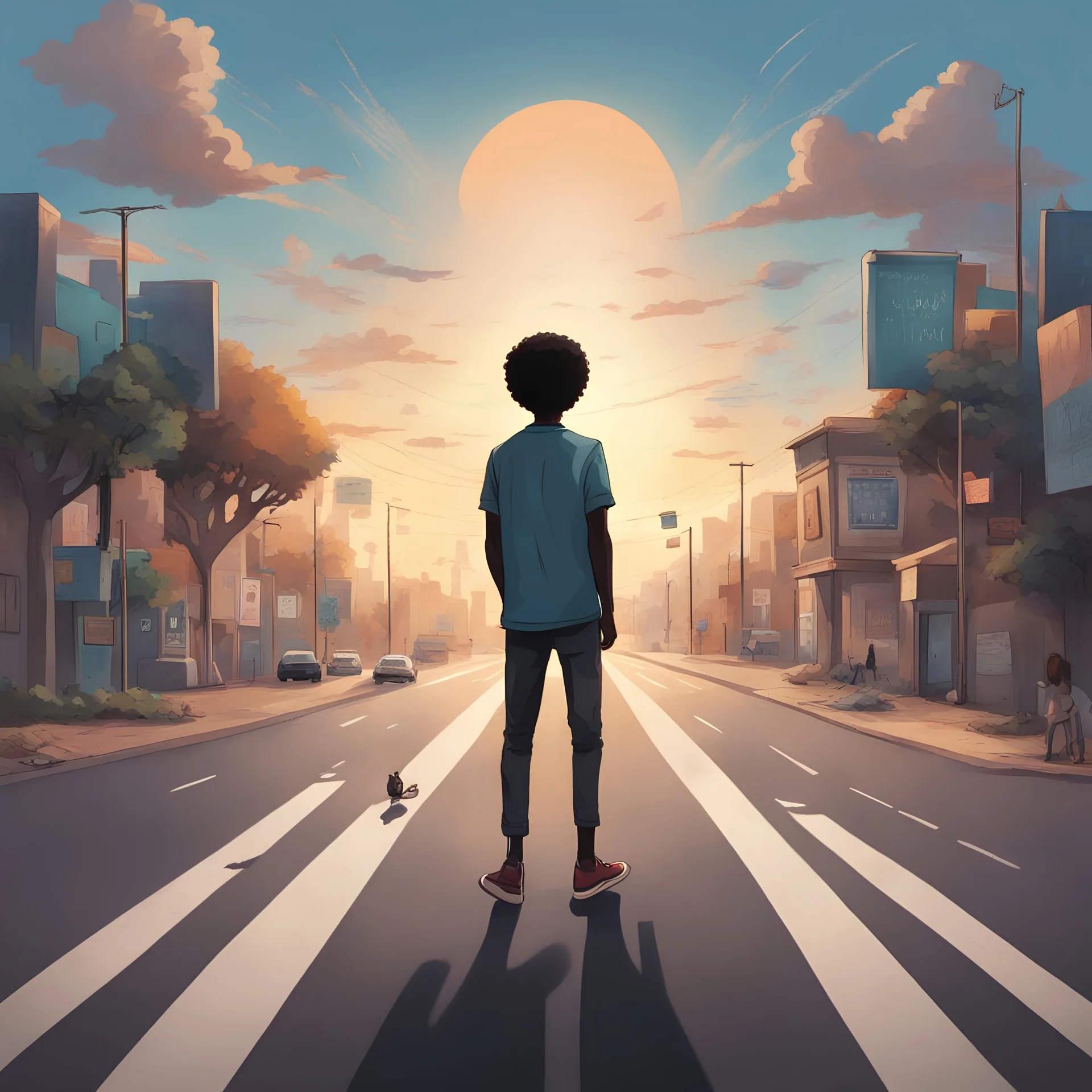 Illustrate a scene where a young afro-caribbean man stands at the center of a crossroads, with roads stretching out in every direction. Each path is labeled with a different duty or role he plays in life. Above him, the sky transitions from dawn to dusk, showing the cyclical nature of his Sundays.