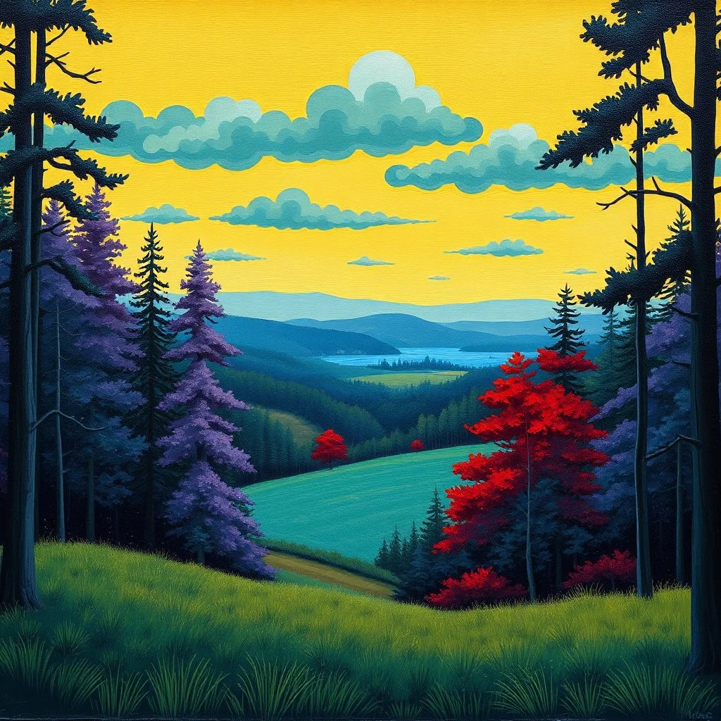 Full-screen, wet and quick forest landscape oil painting in the style of Felix Vallotton, with typically flattened, abstracted shapes and unusual colors, like lavender and red trees, blue fields, and green clouds in a yellow sky. The composition and structure of the oil painting convey a sense of distant perspective, looking out over the forest and fields from a low hilltop. The composition is repetitive, but not cluttered; it is stylized, much in the manner of Japanese print art and fellow Nabi