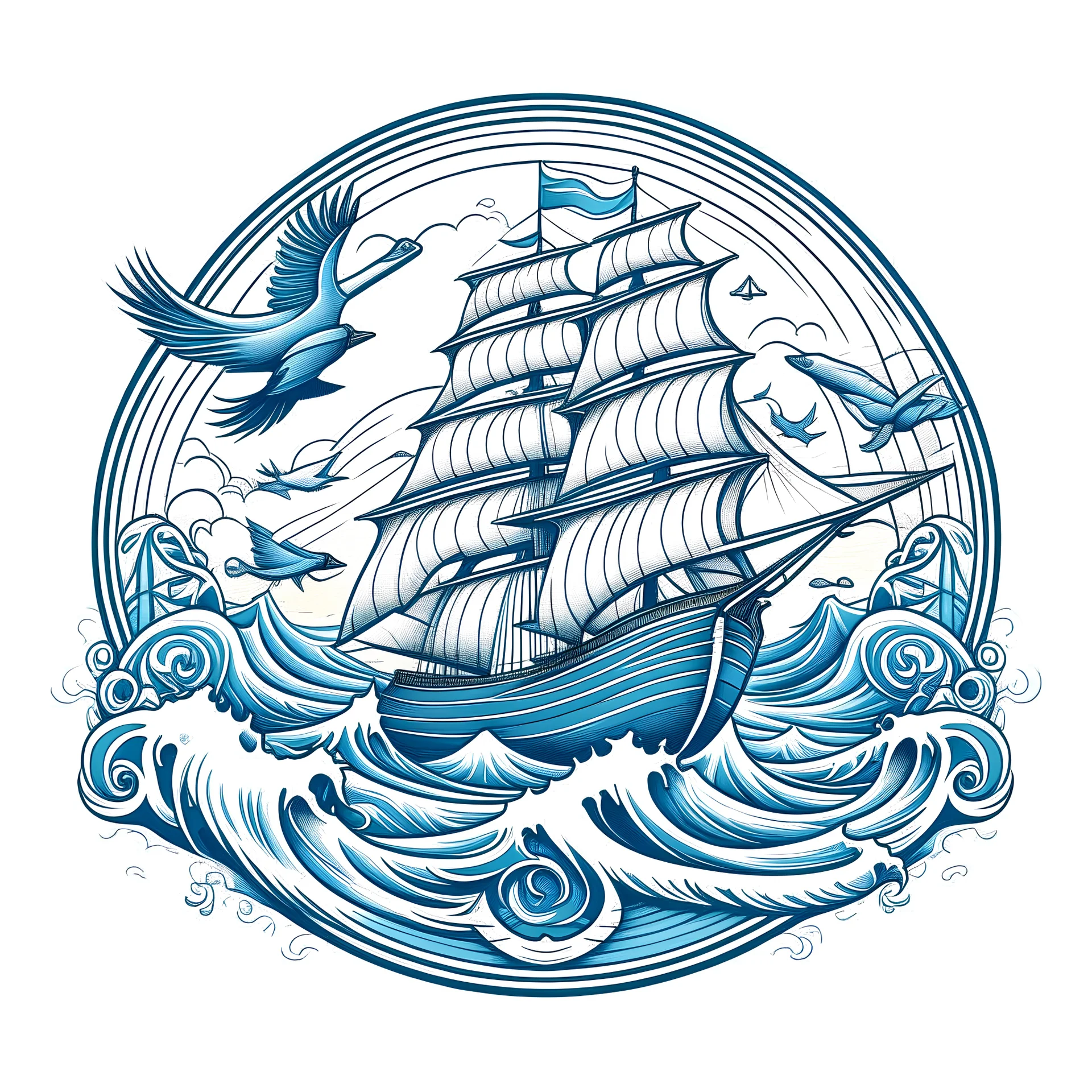 A breathtaking, highly detailed illustration of a logo on white background for sea lovers. The emblem features a majestic sailing ship with billowing sails, surrounded by crashing waves and seagulls in a vibrant, monochromatic color scheme. The ship's hull is adorned with intricate nautical designs, while the background showcases a serene ocean horizon.