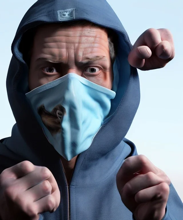 Realistic image, waist up view, a guy making the fuck you gesture with his hand, blue smoke coming out of his eyes, nose and mouth. Latex cloth, inflatable hoodie, soft color, highly detailed, unreal engine 5, ray tracing, RTX, lumen lighting, ultra detail, volumetric lighting, 3d, finely drawn, high definition, high resolution.